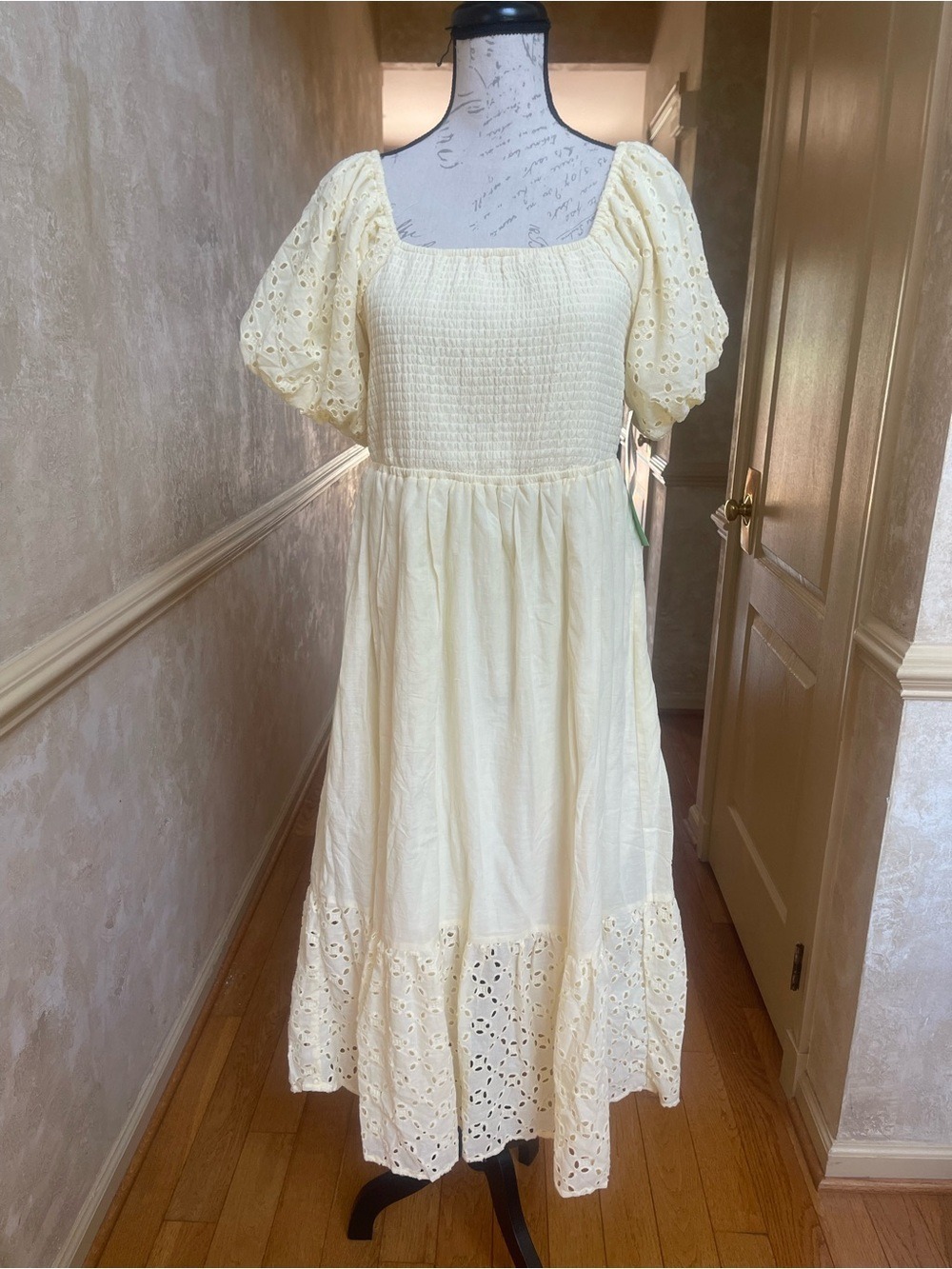 Indigo Rose Pale Yellow Eyelet Smocked Maxi Dress Petite Large Cottagecore Boho - Picture 2 of 11